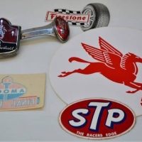 Group lot vintage motoring incl 'Ford' enamel badges, advertising stickers - Amoco, Firestone, etc - Sold for $56 - 2018
