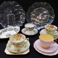Group of pretty China and 2 Orrefors glass plates including Aynsley trio, Foley Chelsea bird pieces and Royal Doulton Moss rose trios - Sold for $62 - 2018