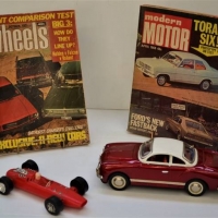 Group with Wheels magazines tin toy Karman Ghia and 1960s Hong Kong plastic GP car - Sold for $31 - 2018