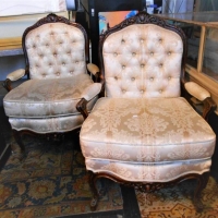 Pair of Carved wooden button back armchairs in silk upholstery - Sold for $199 - 2018