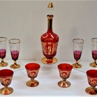 c1950's Italian ruby glass drink set incl decanter and glasses plus various other glasses - Sold for $35 - 2018