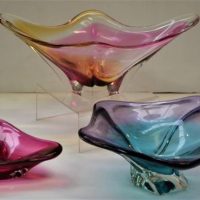 3 x Coloured glass centrepieces in pink and purple glass - Sold for $68 - 2018