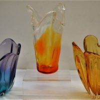 3 x Vintage Art glass vases - amber orange and purple tallest 22cm - Sold for $81 - 2018