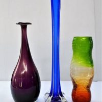 3 x glass vases incl amethyst bottle vase - tallest 40cm - Sold for $27 - 2018