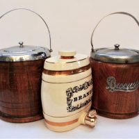 3 x items - 2 x 1920s wooden barrels, incl 'Biscuits' with china inserts & Wade ceramic 'Brandy' barrel dispenser - Sold for $25 - 2018