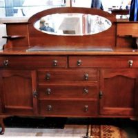 Arts and Crafts blackwood Sideboard with oval mirror to back, shelfs, cupboards & drawers - Sold for $62 - 2018