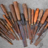 Box of wooden handled Chisels including Robert Sorby, gouges, firmer and pairing chisels - Sold for $50 - 2018