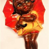 1960's Plasterware wall plaque of little girl with umbrella, approx21cm H - Sold for $37 - 2018