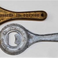 2 x Vintage advertising lever bottle openers Aluminium Dunlop and Brass Watergear Succeed in service - Sold for $27 - 2018