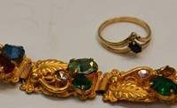 2 x pces Jewellery - vintage Czech gilt and paste bracelet & 9ct gold ring set with oval blue sapphire and small diamond - Sold for $62 - 2018