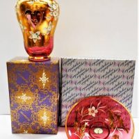 2 x vintage boxed Bohemia coloured glass with gilt and flower decoration incl bowl and vase - Sold for $56 - 2018