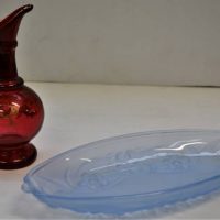 3 x Pieces of glass - Victorian ruby jug, Pink Fenton glass and French blue floral bowl - Sold for $27 - 2018
