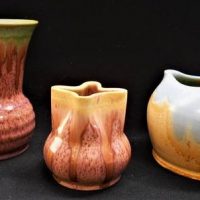 3 x pieces Australian REMUED pottery vases inc - squat round vase with blue and cream glaze and triangular opening, 8cmH, plus two others, all numbere - Sold for $27 - 2018