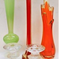 Group lot - vintage Art Glass items inc, pair of Iitala Timo Sarpeneva Festivo candle holders, orange finger vase, red and clear cased elephant foot b - Sold for $31 - 2018