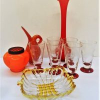Group of vintage coloured glass including orange rose bowl and red vase - Sold for $31 - 2018