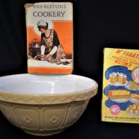 Group with Mason Cash mixing bowl and Mrs Floates and Mrs Beetons cookery book - Sold for $31 - 2018