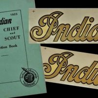 Small group lot vintage 'Indian' motorcycle ephemera inc 2 x decals and 1923 reprint Chief and Scout Instruction book - Sold for $50 - 2018