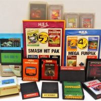 Group of  console computer games including Chopper command, Command, Atari 2600 ET, Nintendo Game boy Mrs Pacman, DR Mario, Nintendo Famicon Galaxian  - Sold for $43 - 2018