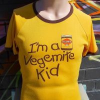 Vintage c197080s IM A VEGIMITE KID T-Shirt - Yellow w Brown Trim, medium size - Sold for $50 - 2018