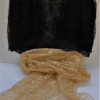 2 x Pieces of vintage ladies clothing - 1920s short black lace sleeveless evening jack and long embroidered lace cream net shawl - Sold for $56 - 2018