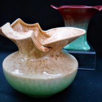 2 x large Australian Pottery - Pates ceramic vases incl burgundygreen deco style vase - 165cm and unusual shaped greencream vase - 195cm - Sold for $43 - 2018
