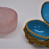 2 x pieces Vintage Glass - 1930s French pink pressed glass dressing table box & Blue Satin glass Egg in Gilded wire base - Sold for $43 - 2018