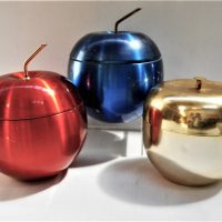 3 x Vintage anodised aluminium apple ice buckets in Red Gold and blue - Sold for $43 - 2018
