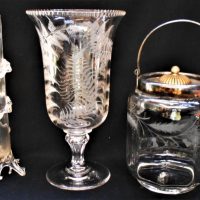 3 x pieces of Victorian glass  - Log vase and Large Vase with flared top and cut fern decoration and Thistle biscuit Barrell - Sold for $56 - 2018