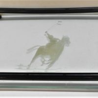 ART DECO 1930's Drinks Tray - Clear Etched glass featuring POLO PLAYER - Black & Clear Handles, stylish - Sold for $37 - 2018