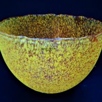 BERTIL VALLIEN Modern KOSTA BODA Art Glass Bowl - Rough textured orange body w Black Base - signed to base & w Sticker - 185cm Diam - Sold for $81 - 2018