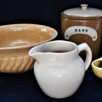 Group lot - Vintage AUSTRALIAN c190020's Domestic Pottery - Large Hoffman Mixing Bowl, Unmarked JUG, SAGO cannister, etc - Sold for $35 - 2018