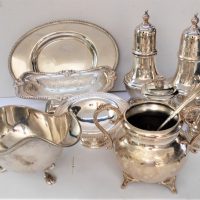 Group of EPNS Hollow ware including Gravy boats, pepper grinders - Sold for $68 - 2018