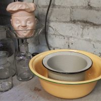 Group of domestic ware incl large glass jars with stopper, enamel dishes and Brockhoff biscuit barrel - Sold for $37 - 2018