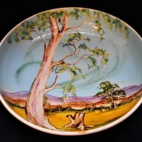 Large GUY BOYD 1950's Australian Pottery BOWL - HPainted GUM TREE & Landscape design signed CAROL LINTON - signed to base, 22cm Diam af - Sold for $81 - 2018