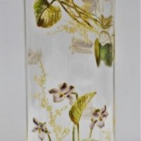 Large Victorian Clear Glass VASE - HPainted Leaf & Flower designs to front & back - 345cm H - Sold for $93 - 2018