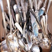 Large group of EPNS flatware including Rat tailed spoons and kings pattern fish set and serving items - Sold for $50 - 2018