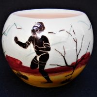 Small GUY BOYD 1950's Australian Pottery Ball shaped Vase - HPainted Aboriginal Hunting Kangaroo design, signed to base - 55cm H - Sold for $50 - 2018