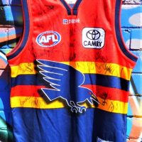 Team signed AFL Adelaide Crows Football Club jumper, Signatures incl Andrew McLeod, Jarmin, Bock, etc - Sold for $75 - 2018