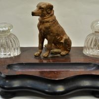 Victorian twin Inkwell inkstand  with gilt mounted dog - Sold for $93 - 2018