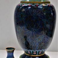 2 x Cloisonn vases with timber stands - tallest being 26cm - Sold for $62 - 2018