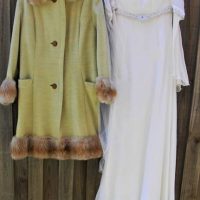 2 x ladies 1960s garments incl, handmade pale green winter coat with faux fur collar, cuffs and hem, also an ivory wedding dress with detachable train - Sold for $62 - 2018