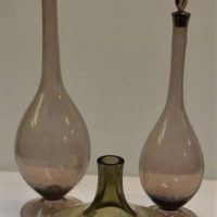 3 x pieces vintage smoked glass items incl pair of decanters with 'Leaf' stoppers and squat vase - Sold for $50 - 2018