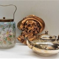 3 x vintage items incl Robur Silverplated Perfect Tea Pot, Victorian satin glass bucket and brass wall plaque - Sold for $35 - 2018