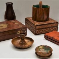 Group lot - Vintage & Modern Wooden items - Victorian Turned Treen Containers, Pair 1920's Vases w Glass inserts, Brass inlaid Games set, chip carved  - Sold for $37 - 2018