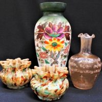 Group of Victorian Glass including Hand painted floral milk glass vase and mottled and ruffle glass pots - Sold for $35 - 2018
