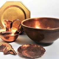 Group of copper and glass incl copper Zabaglione bowl, Weeda jug and bowl etc - Sold for $50 - 2018