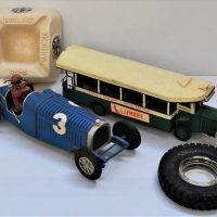 Group with Tin Bus and Racing car, Dunlop ashtray etc - Sold for $43 - 2018