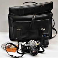 Vintage 35 mm SLR camera Pentax ME with 117 50mm lens and 28mm 128 Avanar lens in bag with flash and accessories - Sold for $43 - 2018