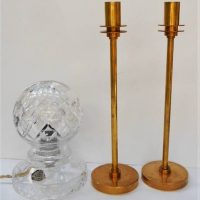 2 x Items - Pair of Brass candlesticks and Henry Richards Crystal boudoir lamp - Sold for $35 - 2018