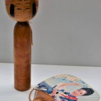 2 x vintage Oriental items incl Wooden Togatta  Kokeshi doll and souvenir fan - Sold for $31 - 2018